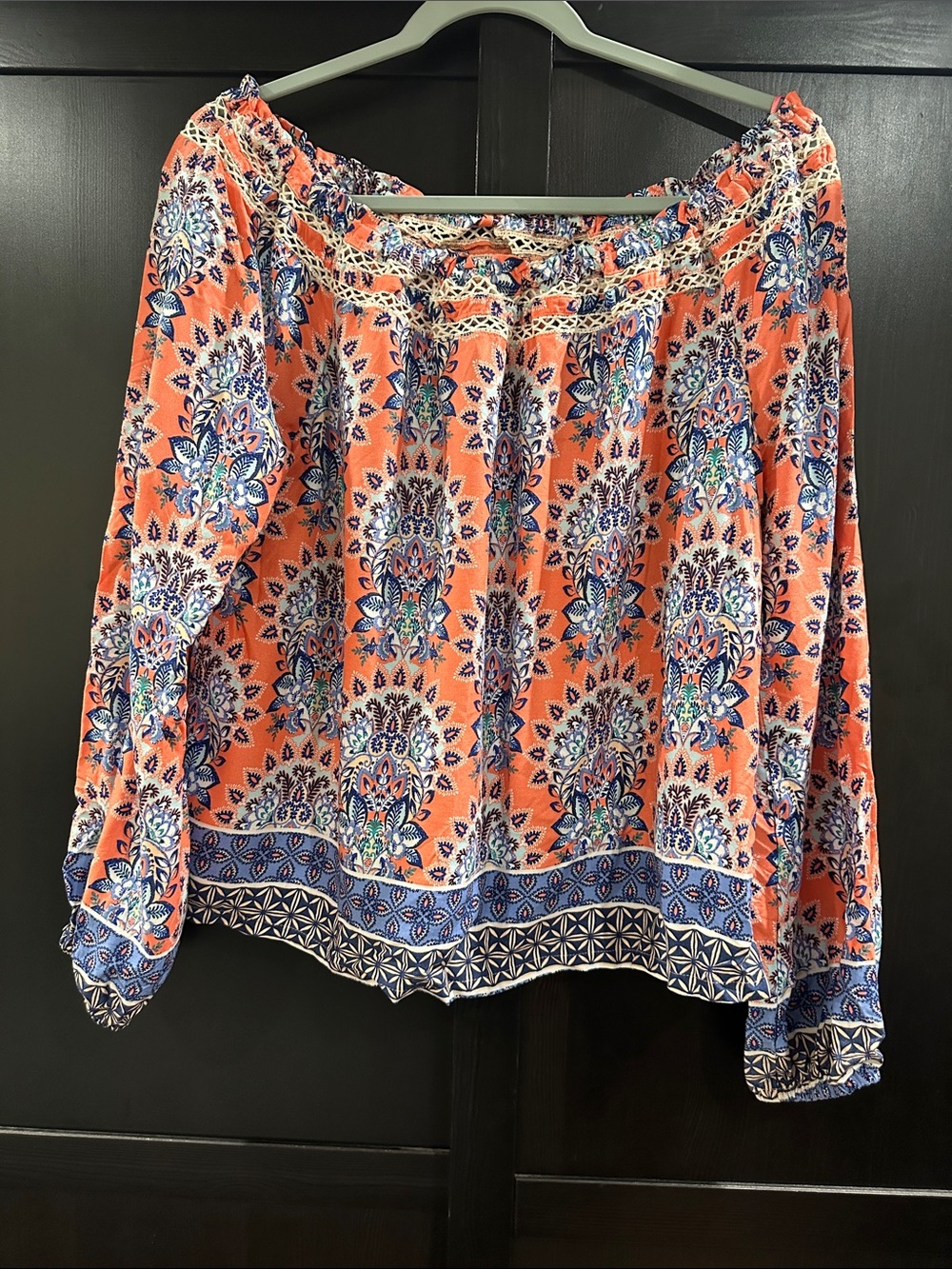 Red Camel Coral Paisley Off-Shoulder Boho Tunic with Blue Trim